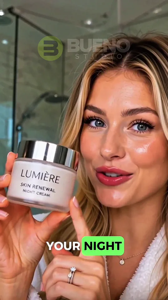 AI-generated Lumière skincare presenter holding the cream jar